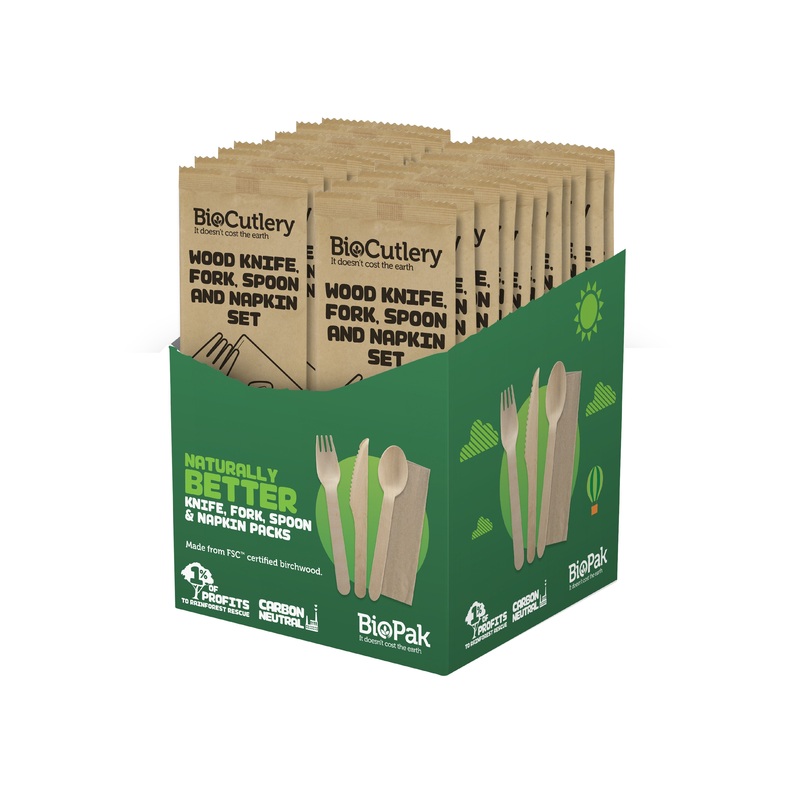 16cm fork, knife, spoon & napkin - 20pk - wood - Carton of 280 units