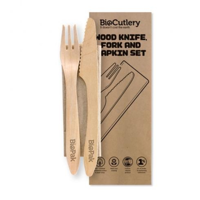 19cm coated knife, fork and napkin set - FSC 100% - wood - Carton of 400 units