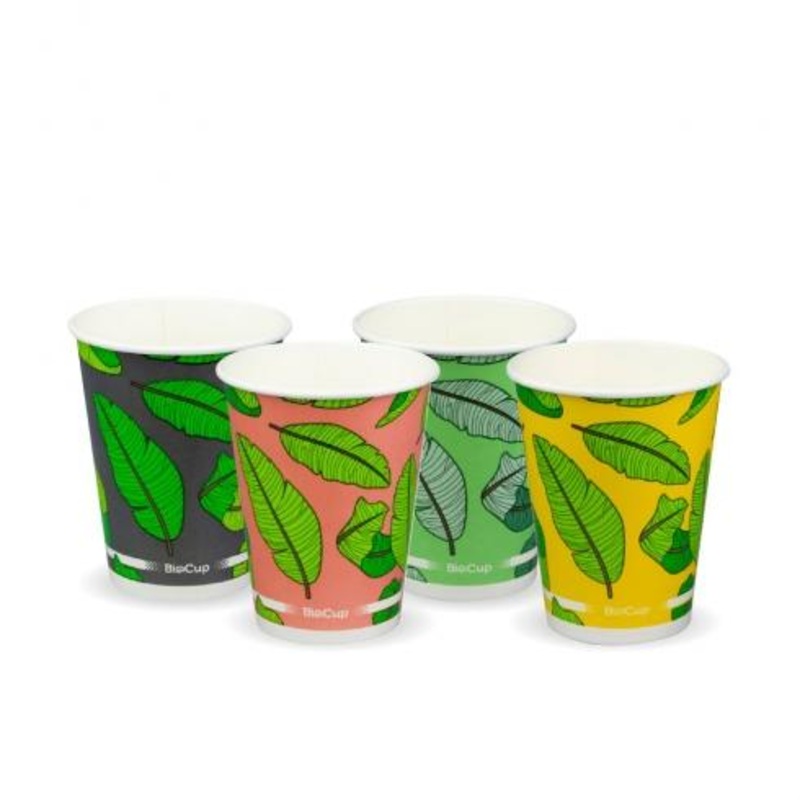 390ml/12oz Cold Paper BioCup - mixed colour leaf designs - Carton of 1000 units