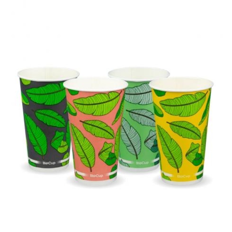 500ml / 16oz (90mm) Cold Paper BioCups - mixed colour leaf designs - Carton of 1000 units