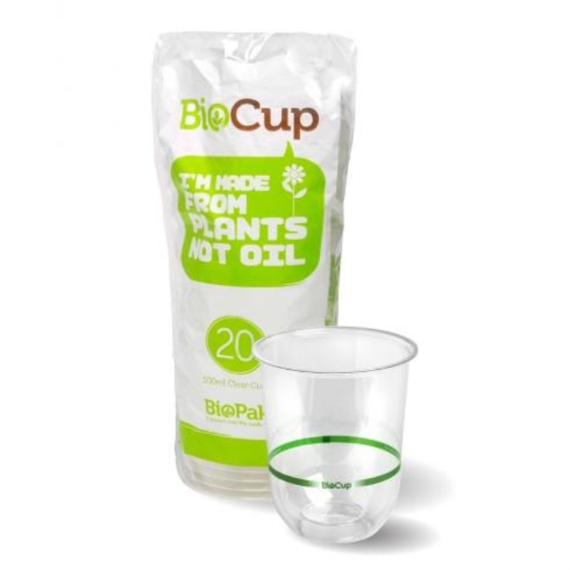 500ml clear tumbler cups - 20pk - BioPak clear - Carton of 240 units