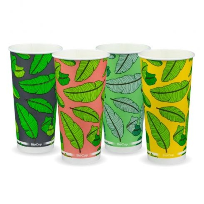 650ml / 22oz (90mm) Cold Paper BioCups - mixed colour leaf designs - Carton of 1000 units