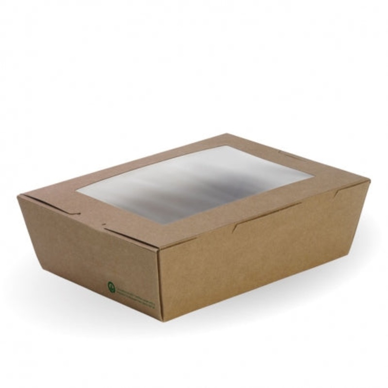 Large lunch box with window - 197 x 140 x 64mm - FSC Mix - printed kraft-look - Carton of 200 units