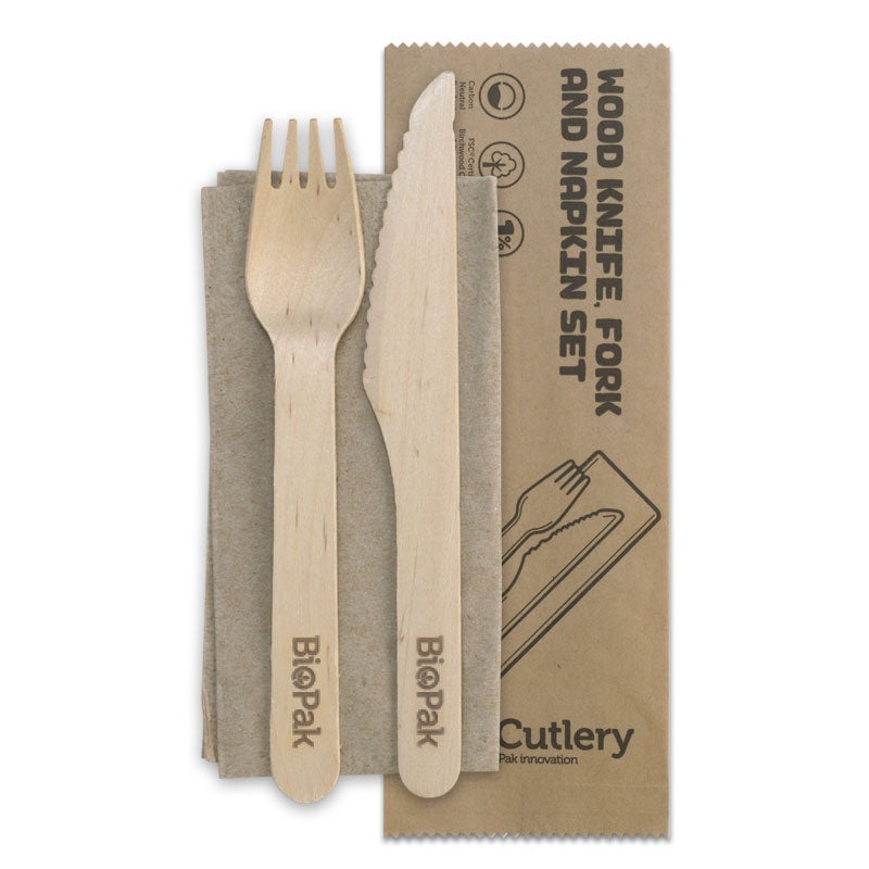 16cm knife, fork and napkin set - FSC 100% - wood - Carton of 400 units