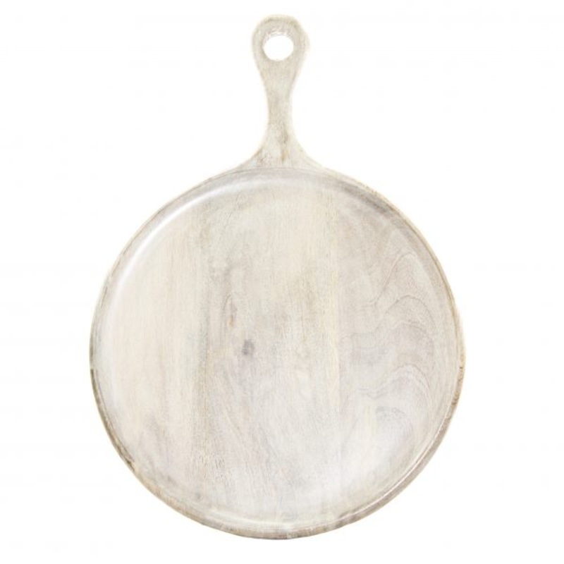 Round Serving Board With Handle - 250x350x15mm, Mangowood, White: Pack of 1