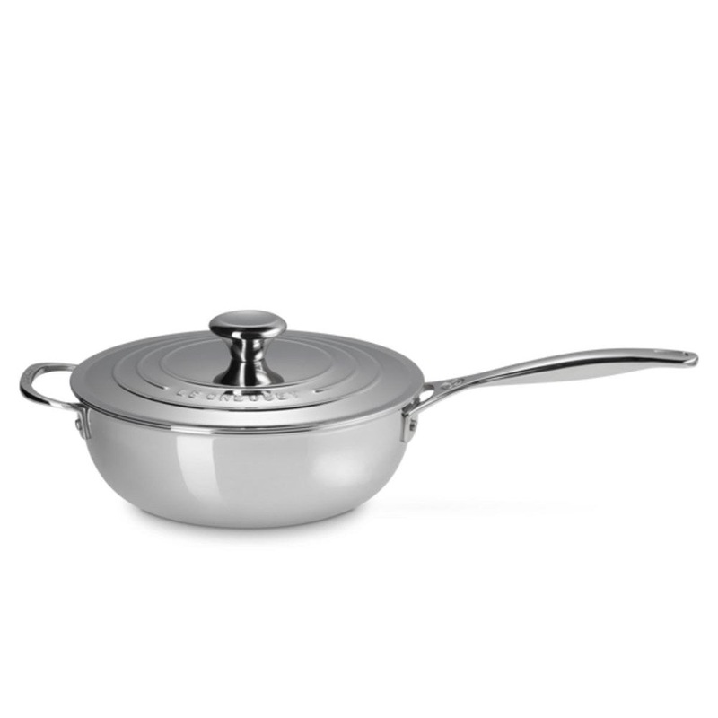 Le Creuset Signature 3 Ply Stainless Steel Non-Stick Chefs Pan with Lid and Helper Handle - 24cm